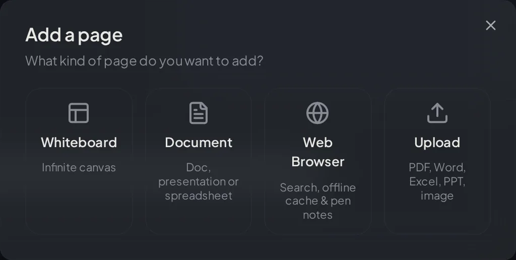 The Add a page dialog offering four tiles: Whiteboard, Document, Web Browser and Upload.