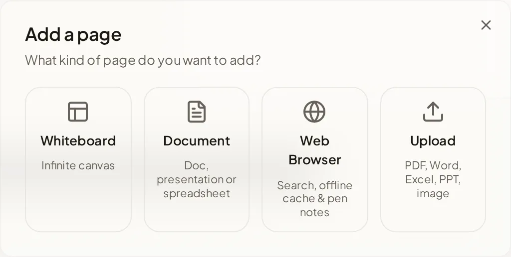 The Add a page dialog offering four tiles: Whiteboard, Document, Web Browser and Upload.