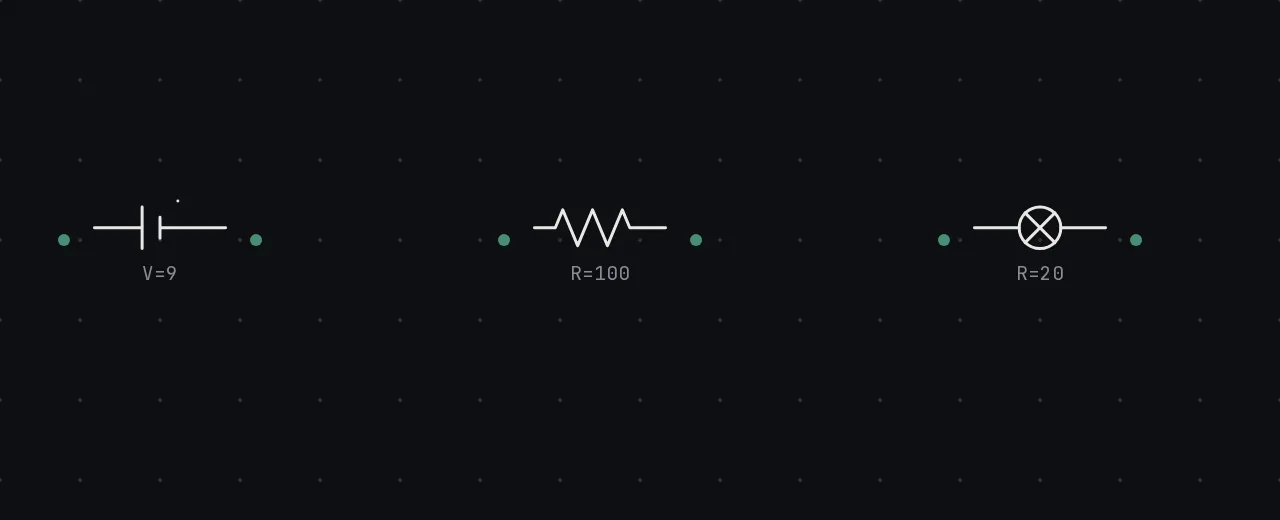 A battery, a resistor and a bulb placed on the canvas as schematic symbols, each with visible terminals.