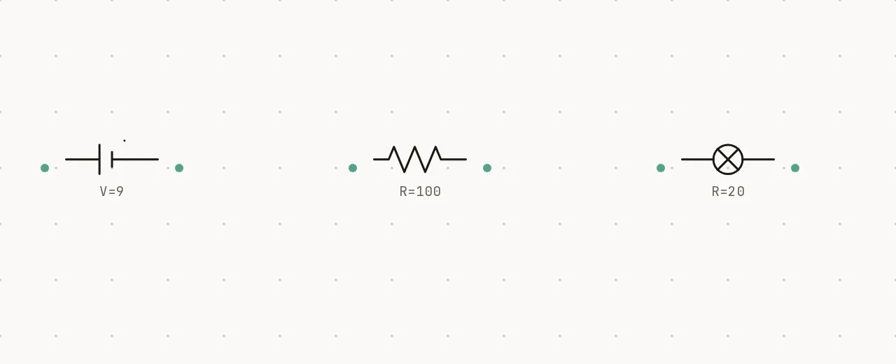 A battery, a resistor and a bulb placed on the canvas as schematic symbols, each with visible terminals.