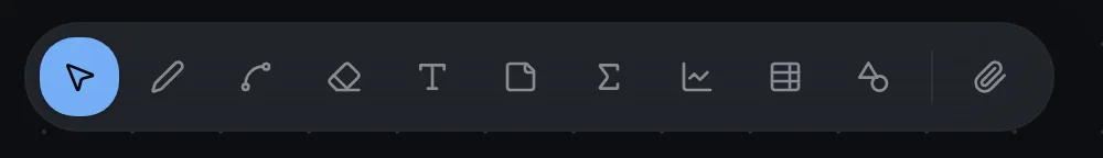 The floating tool dock: Select, Pen, Shaper, Eraser, Text, Note, Formula, Graph, Grid Table, the shape menu and attachments.