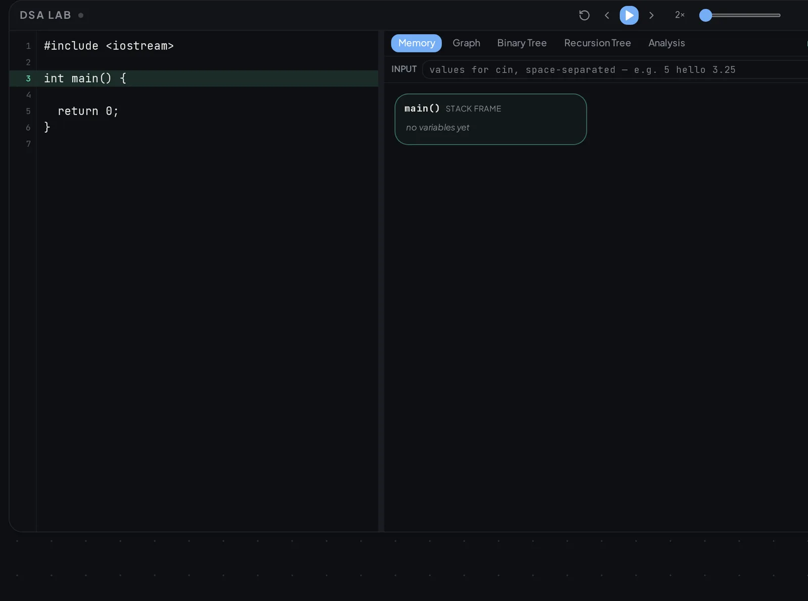 The DSA Lab object: a C++ editor on the left with line numbers and the current line highlighted, and on the right the Memory, Graph, Binary Tree, Recursion Tree and Analysis tabs showing a main() stack frame.