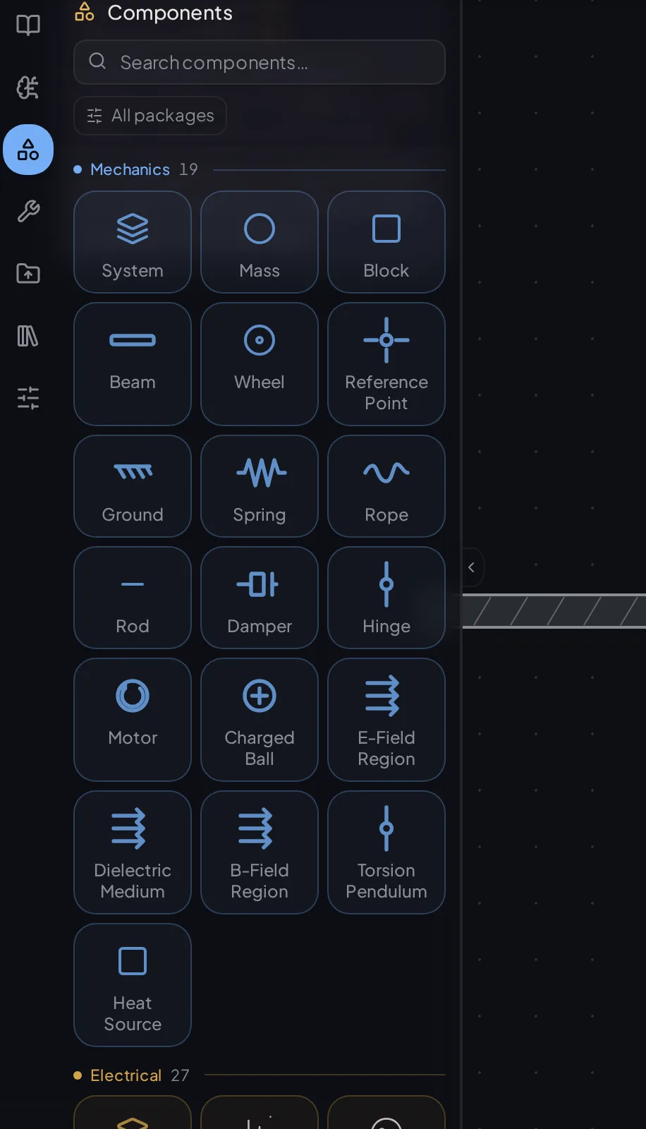 The Components panel showing the Mechanics package — System, Mass, Block, Beam, Wheel, Reference Point, Ground, Spring, Rope, Rod, Damper, Hinge, Motor, Charged Ball, field regions and Heat Source — with the Electrical package beginning below.