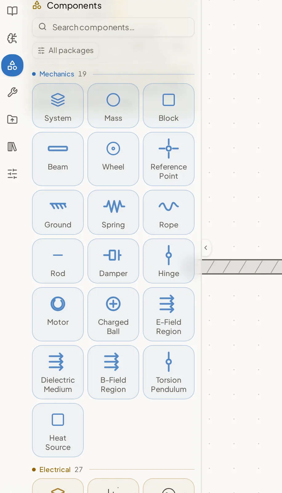 The Components panel showing the Mechanics package — System, Mass, Block, Beam, Wheel, Reference Point, Ground, Spring, Rope, Rod, Damper, Hinge, Motor, Charged Ball, field regions and Heat Source — with the Electrical package beginning below.