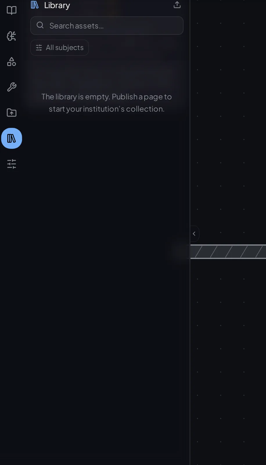 The institution Library panel with its search box, category filters and asset grid.
