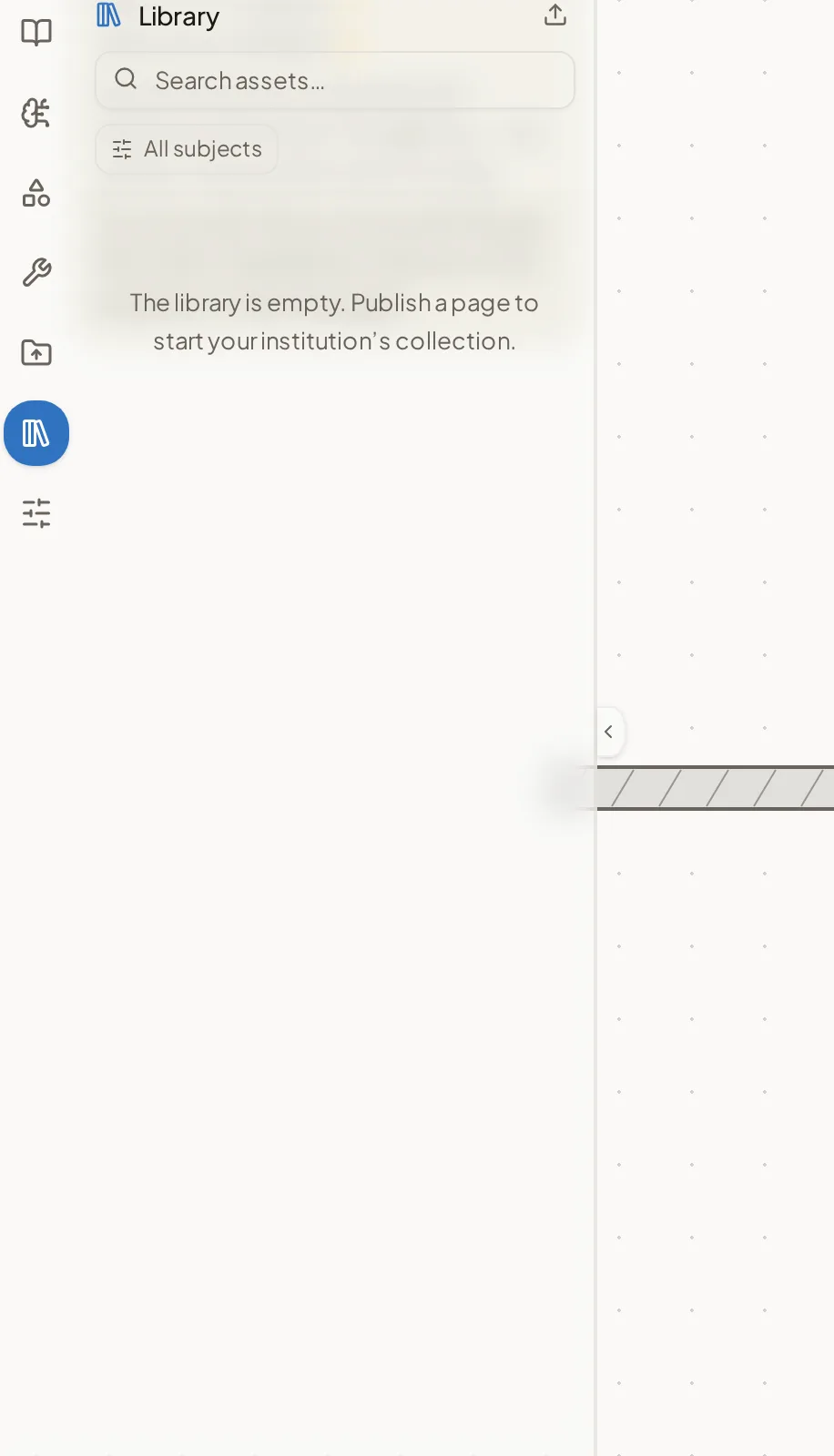 The institution Library panel with its search box, category filters and asset grid.