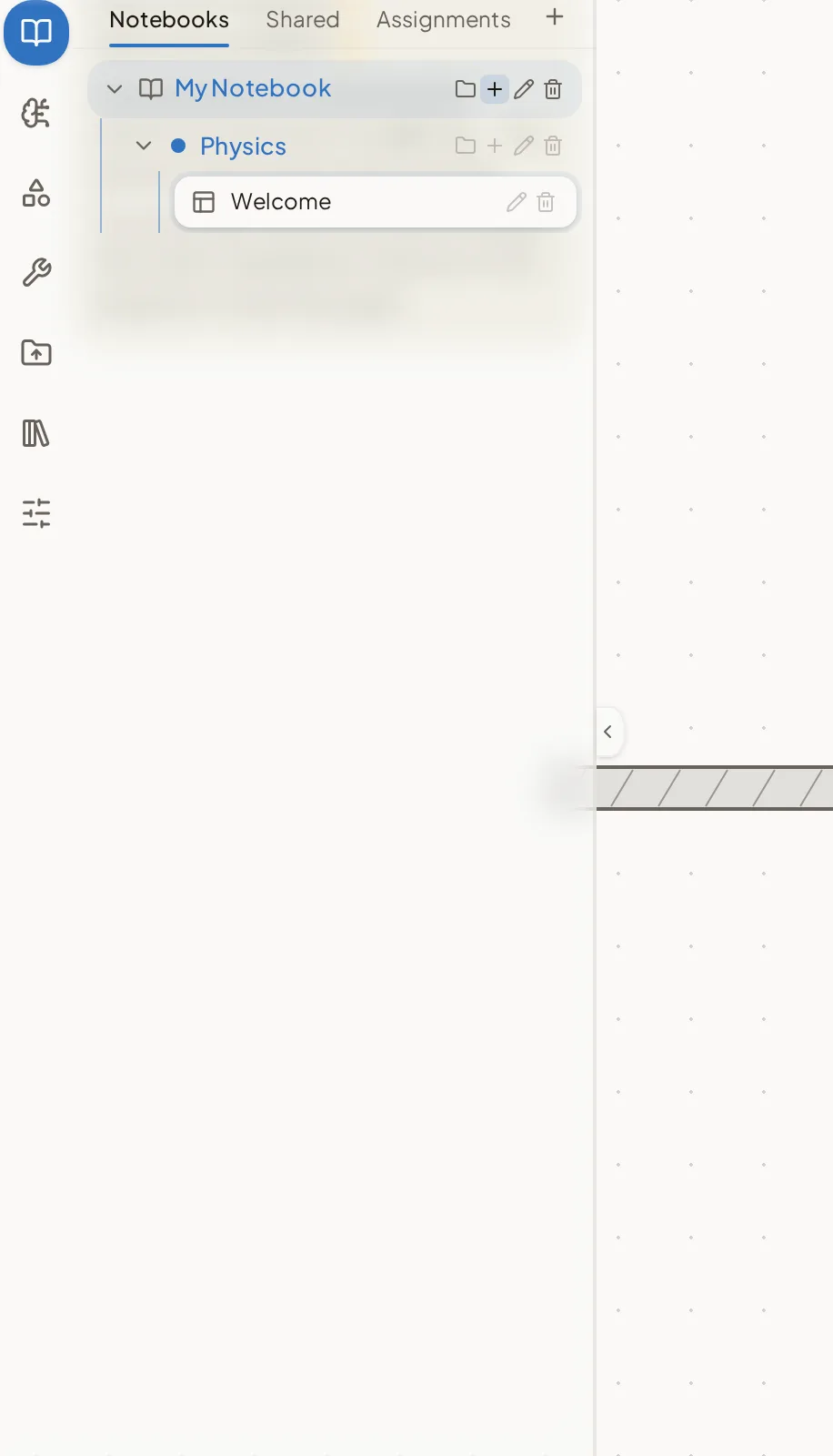 The Notebook panel showing the folder tree with a notebook, a section and a page.