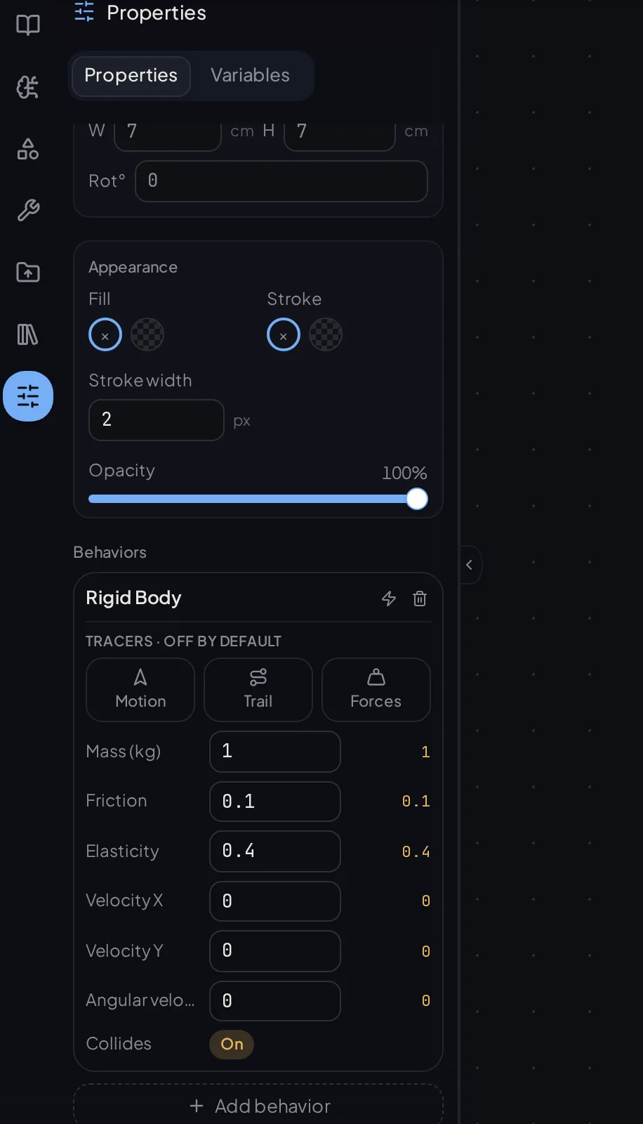 The Properties panel for a selected object, showing its geometry and style fields and the behaviors attached to it.