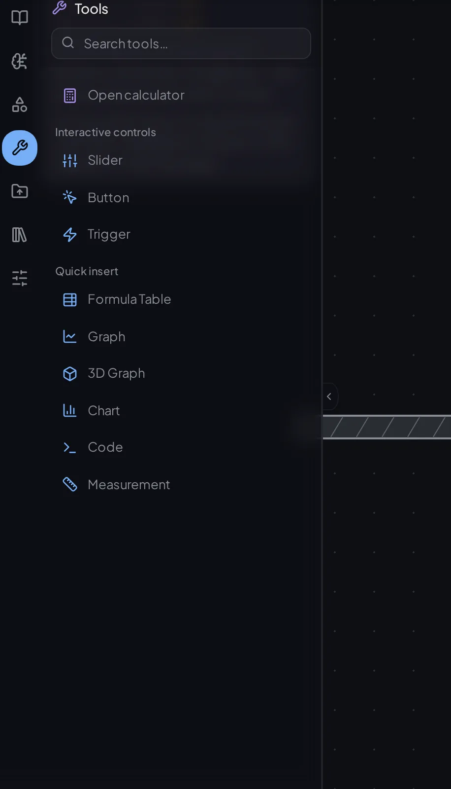 The Tools panel with the calculator toggle, interactive controls and quick-insert objects.