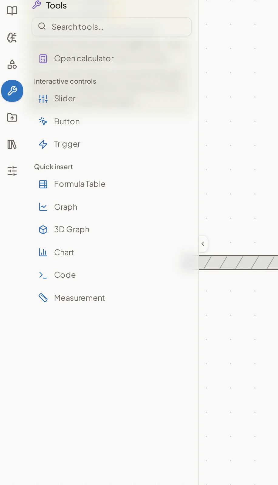 The Tools panel with the calculator toggle, interactive controls and quick-insert objects.