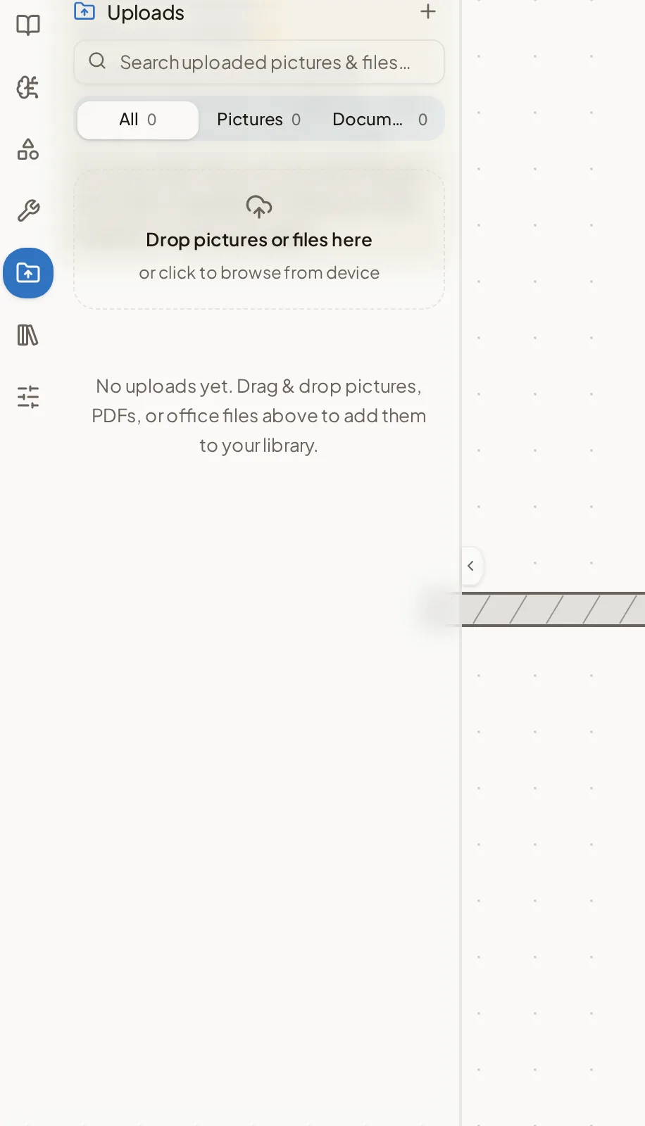 The Uploads panel listing the files and pictures in the workspace.