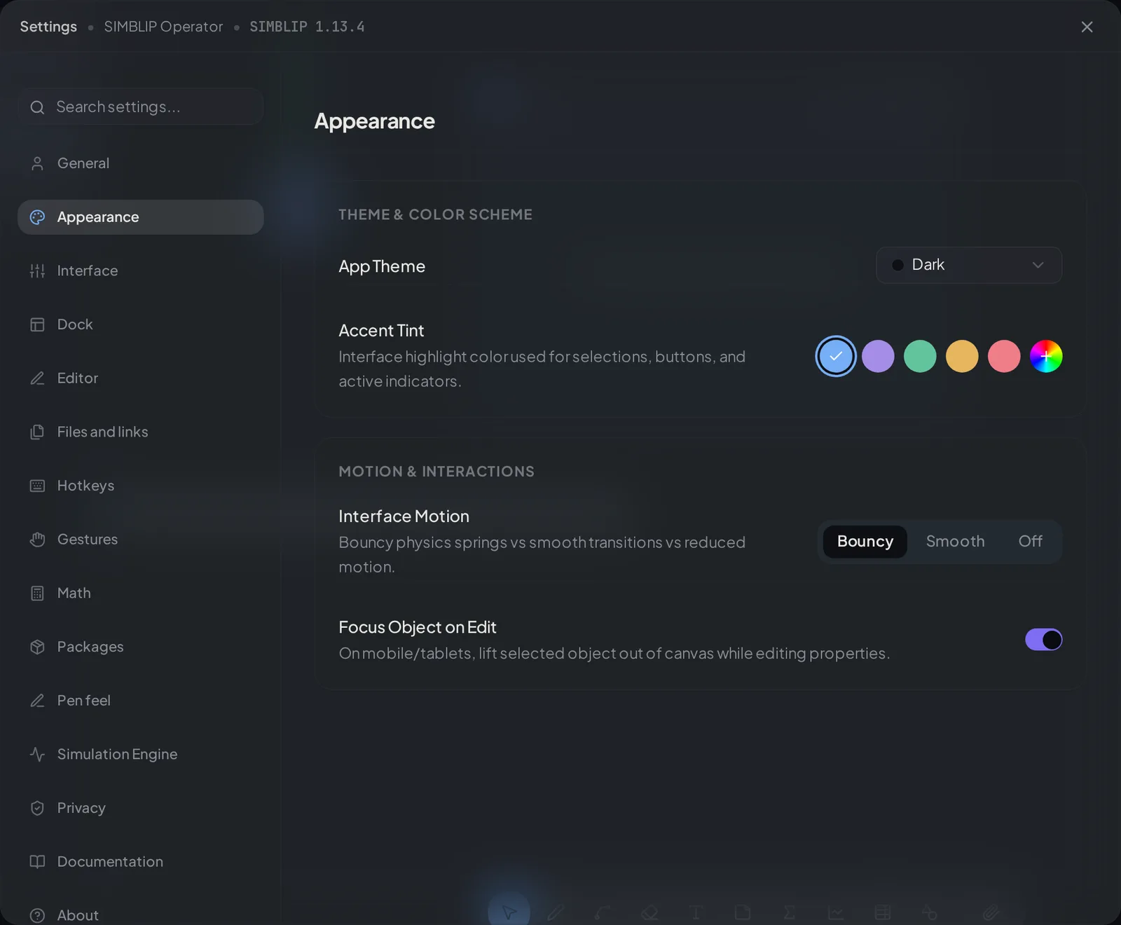 The settings window with a searchable sidebar listing General, Appearance, Interface, Dock, Editor, Files and links, Hotkeys, Gestures, Math, Packages, Pen feel, Simulation Engine, Privacy, Documentation and About.