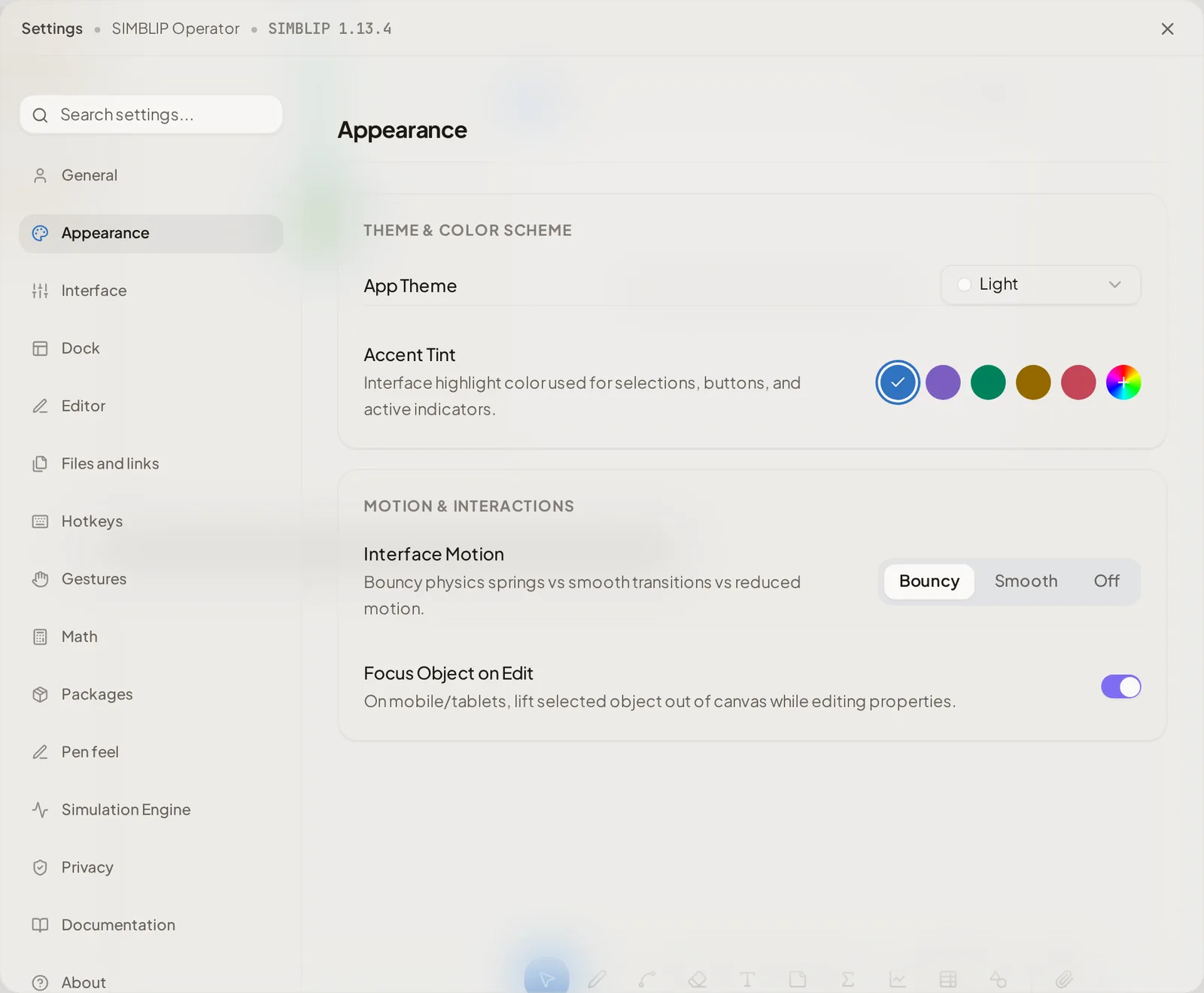 The settings window with a searchable sidebar listing General, Appearance, Interface, Dock, Editor, Files and links, Hotkeys, Gestures, Math, Packages, Pen feel, Simulation Engine, Privacy, Documentation and About.