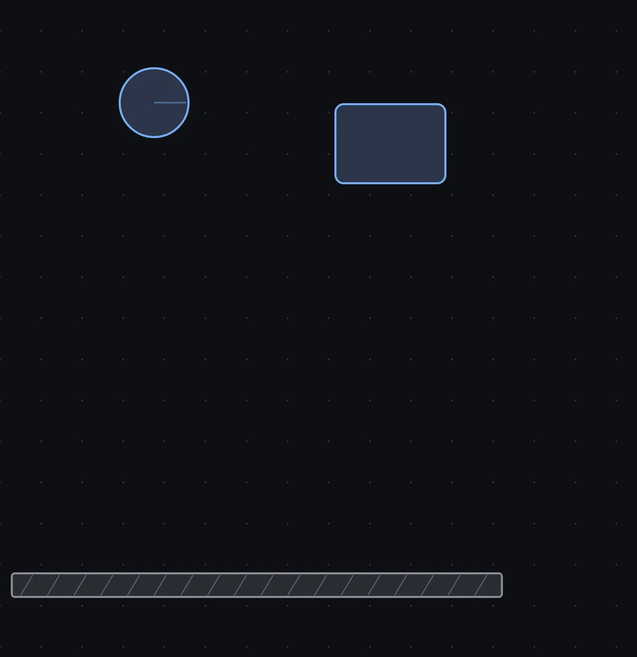 Two masses and a block suspended above a ground plane before the simulation starts.