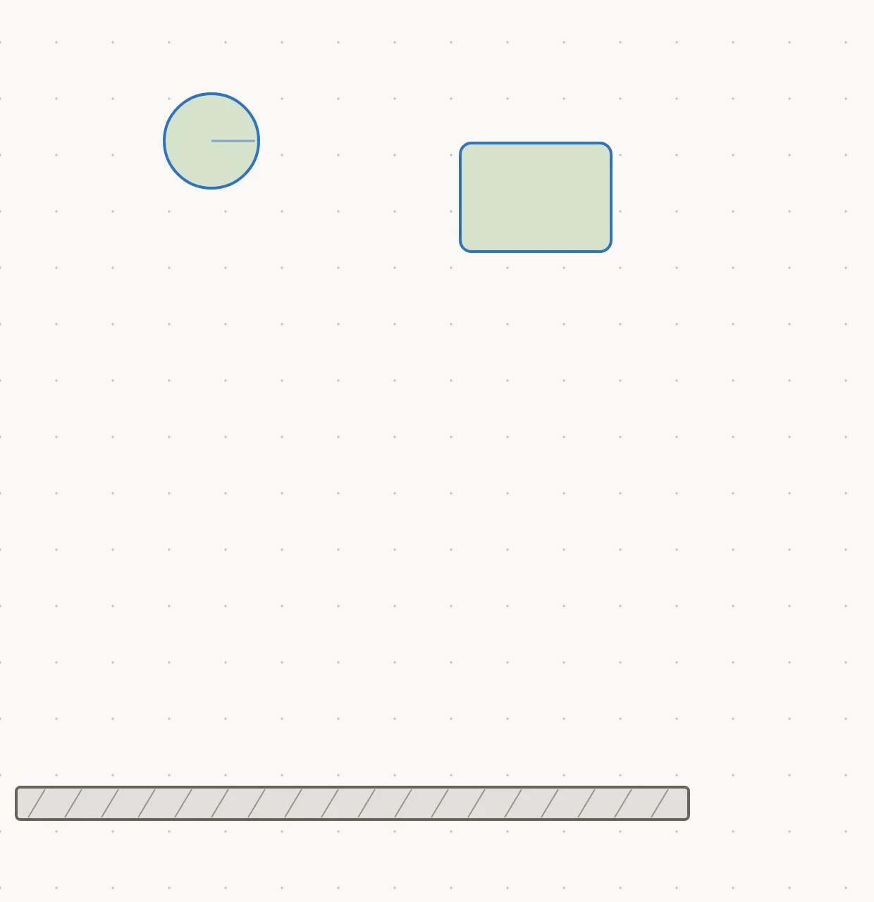 Two masses and a block suspended above a ground plane before the simulation starts.