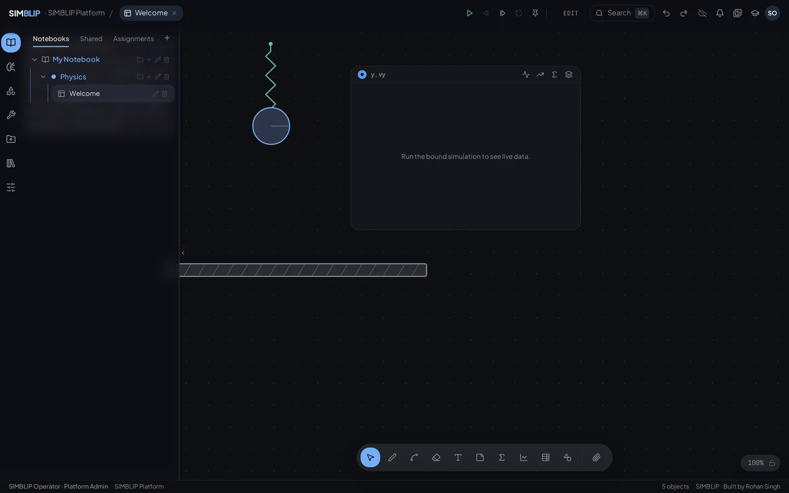 The SIMBLIP workspace: header and tab strip on top, icon rail and notebook tree on the left, an infinite canvas holding a spring, a mass, a ground plane and a live graph, and the tool dock floating at the bottom.