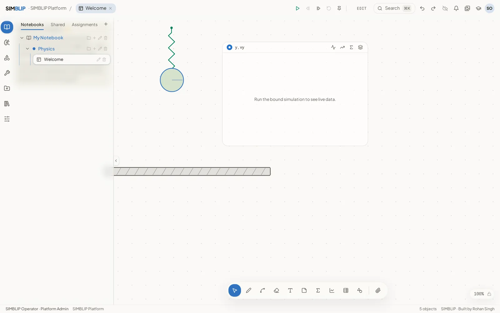 The SIMBLIP workspace: header and tab strip on top, icon rail and notebook tree on the left, an infinite canvas holding a spring, a mass, a ground plane and a live graph, and the tool dock floating at the bottom.